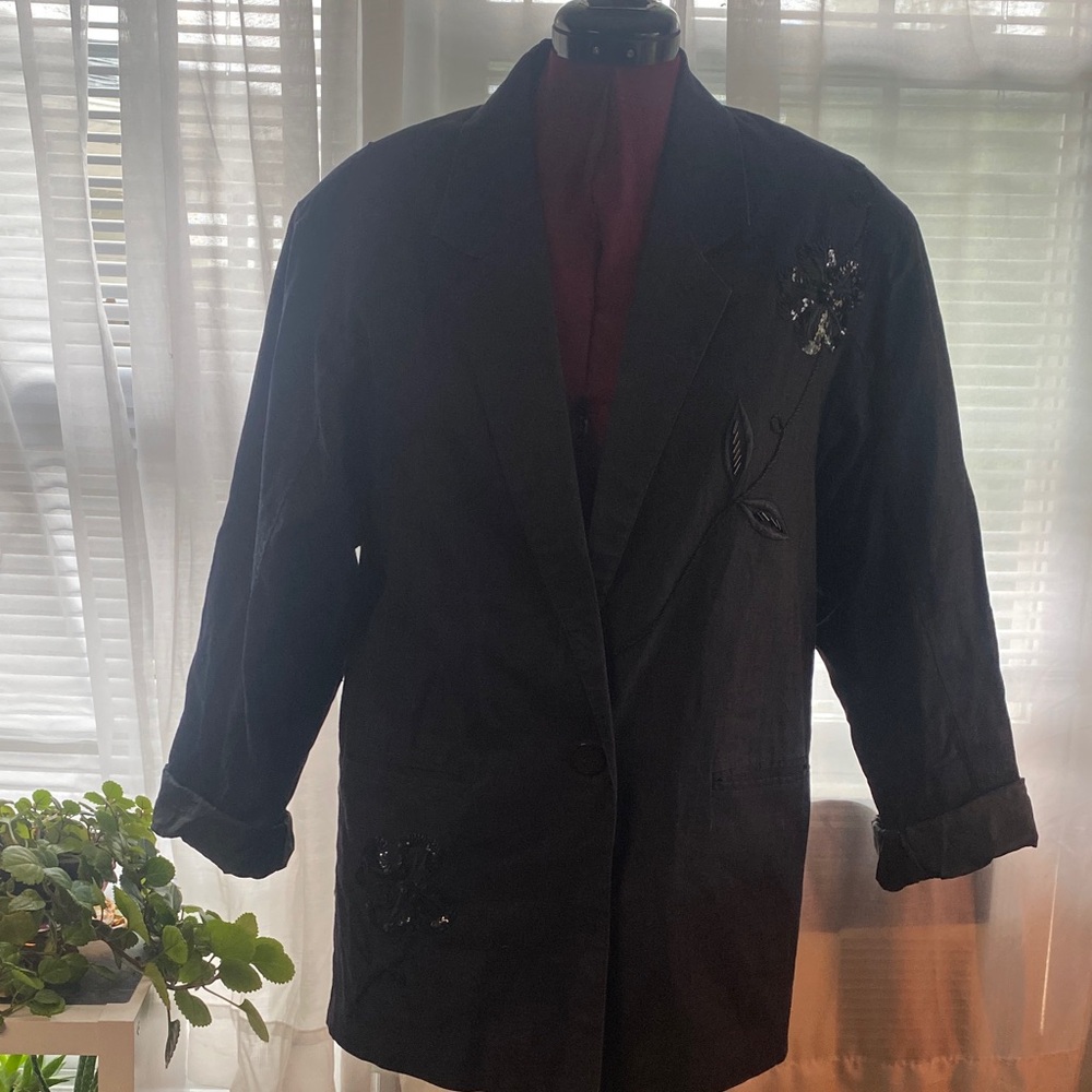Vintage Adolfo International Black Blazer with Embroidered Details medium